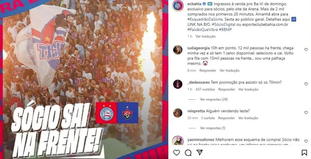 Sócios do Bahia se revoltam com ingressos 'esgotados' para o BAVI