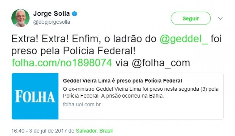 Deputado petista comemora prisão de Geddel: “o ladrão foi preso”