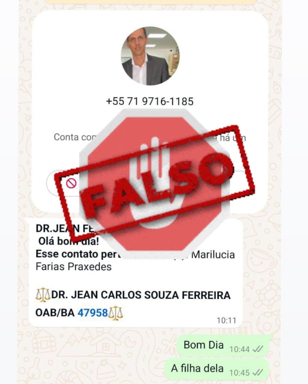 Candeias: Golpistas tentam se passar por Dr. Jean Carlos e pedem transferências bancárias pelo WhatsApp