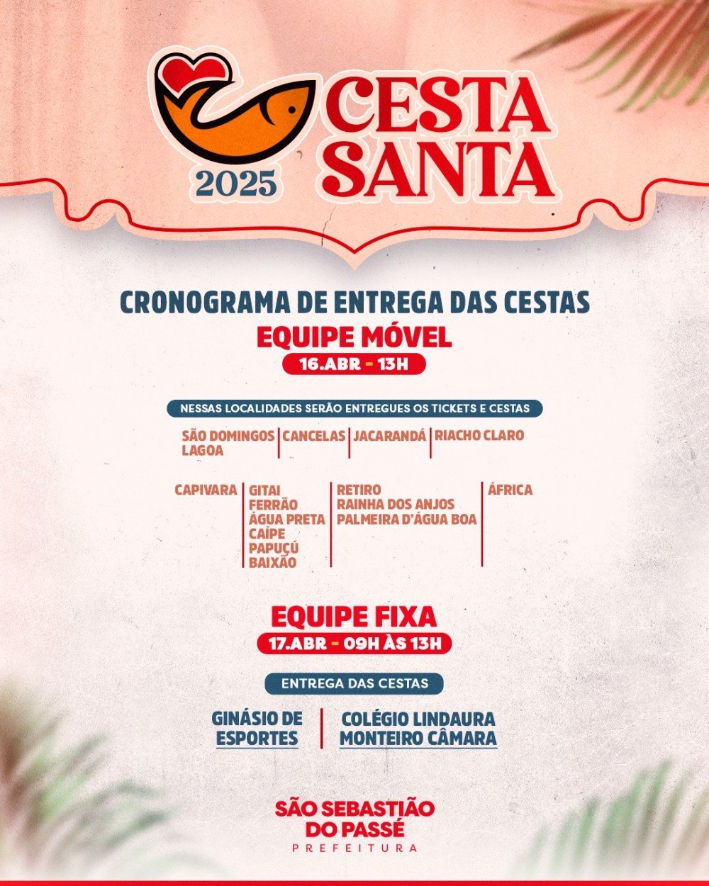 Prefeitura de São Sebastião realizará entrega da Cesta Santa nesta quarta (16) e quinta-feira (17)