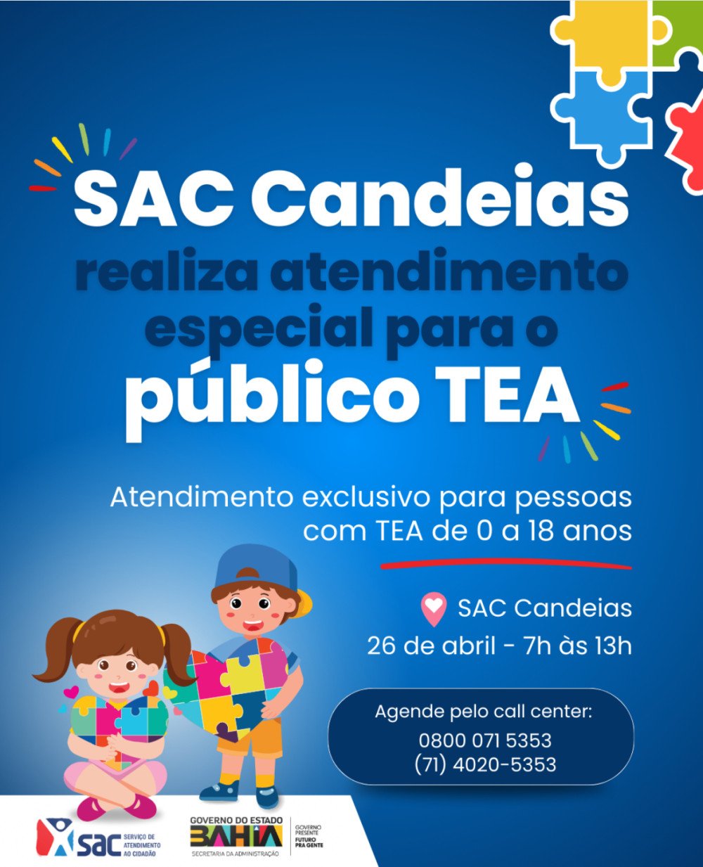 SAC Candeias promove atendimento especial para público com TEA neste Sábado (26)