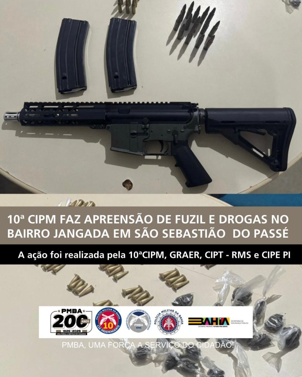 Polícia Militar apreende fuzil e drogas após confronto em São Sebastião do Passé