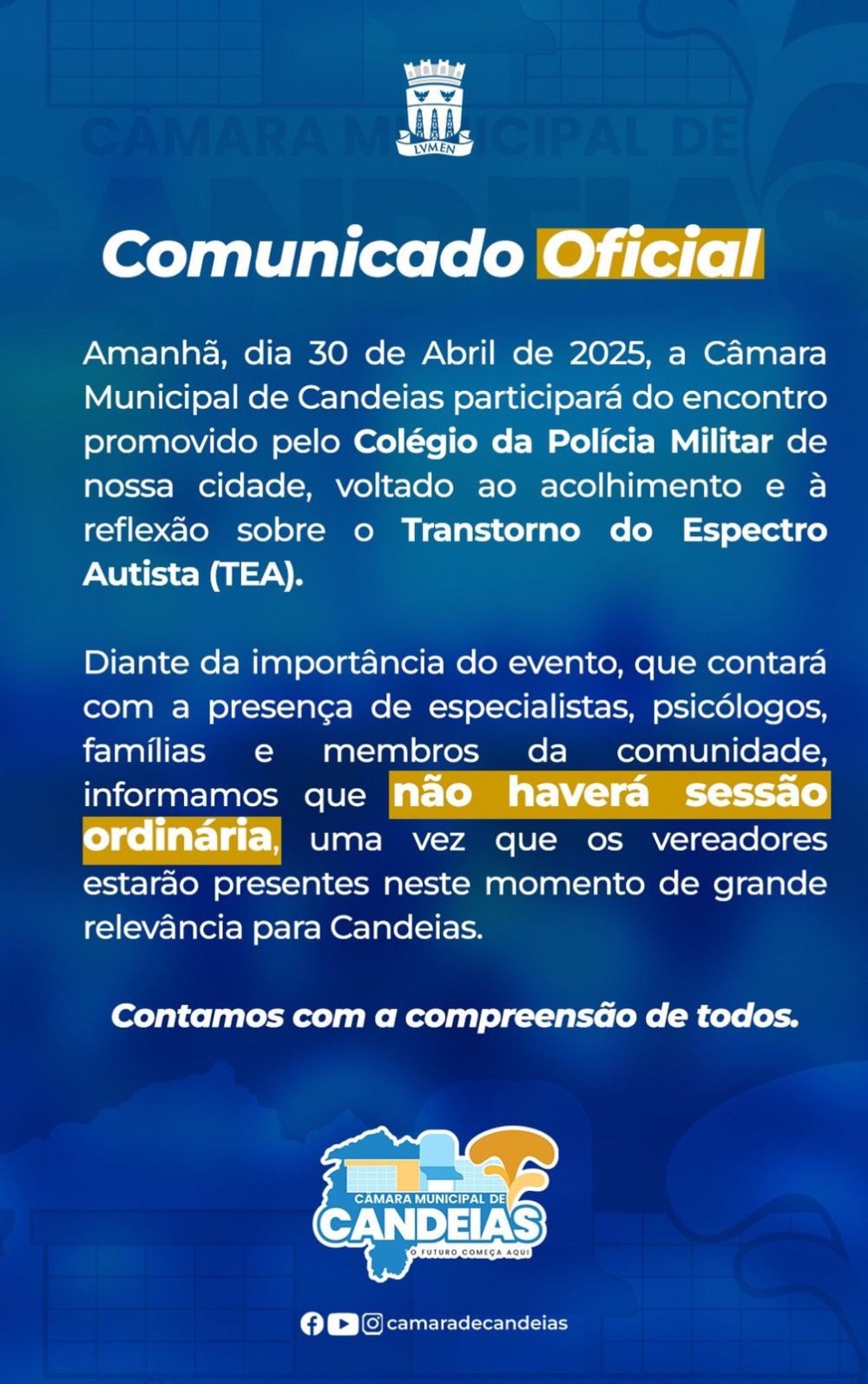 Sessão ordinária da Câmara de Candeias é suspensa em virtude de evento sobre o Transtorno do Espectro Autista