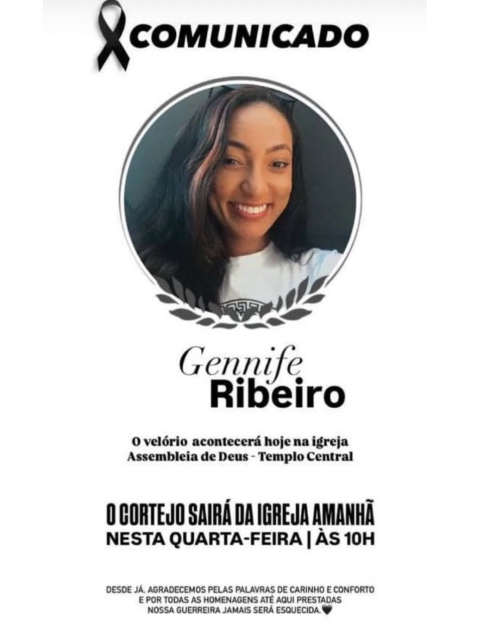 Luto em Candeias: Gennife Ribeiro é velada nesta terça-feira na Assembleia de Deus; sepultamento será nesta quarta-feira às 10h