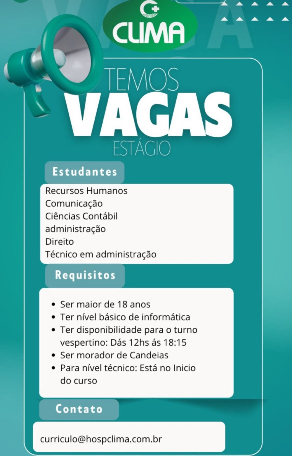 Hospital Clima abre vagas de estágio para estudantes de diversas áreas em Candeias