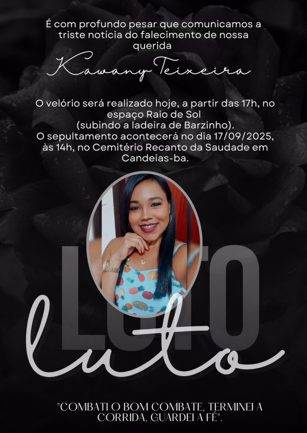 Velório de Kawany Teixeira acontece hoje em Candeias; sepultamento será amanhã