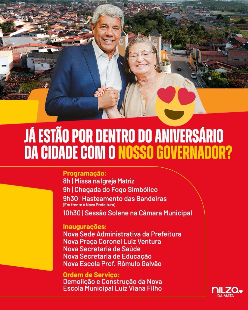 Prefeita Nilza da Mata recebe governador Jerônimo Rodrigues para inauguração de pacote de obras nos 99 anos de São Sebastião do Passé
