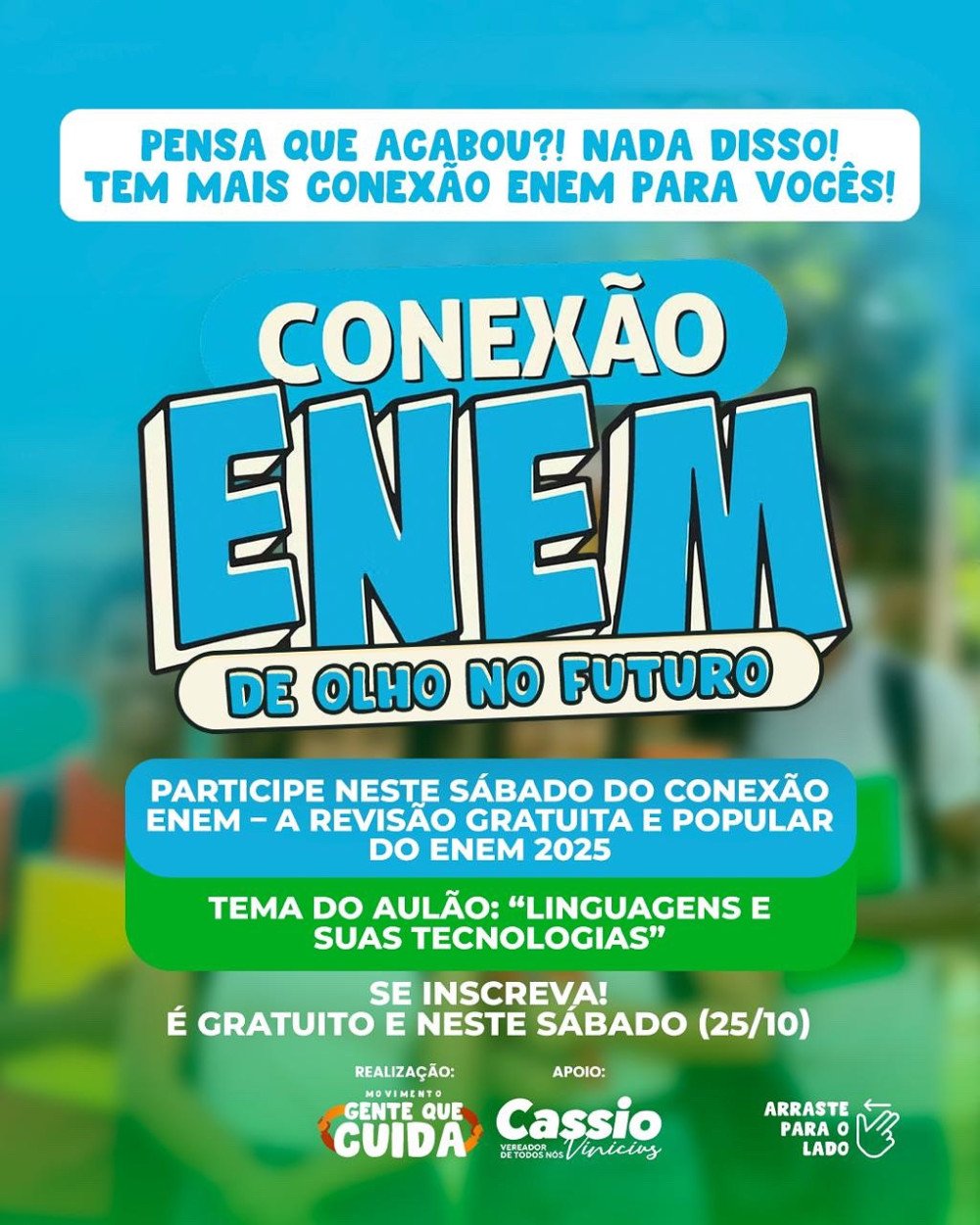 Conexão ENEM mobiliza jovens em Candeias com preparatório gratuito. Inscrições abertas para o aulão deste sábado (25/10).