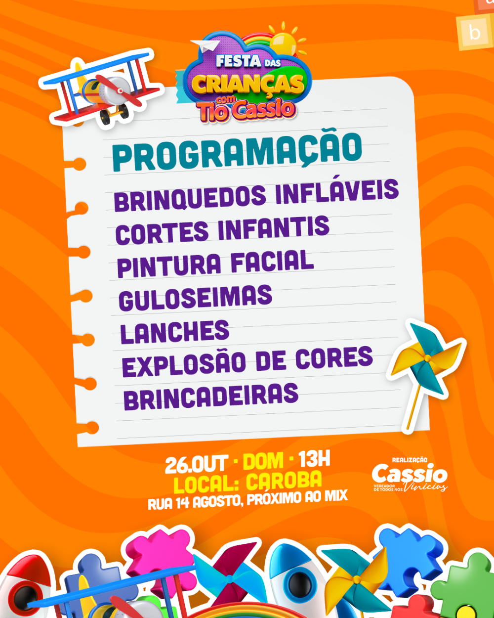 2ª edição da Festa das Crianças com Tio Cássio promete dia de diversão na Caroba neste domingo (26)