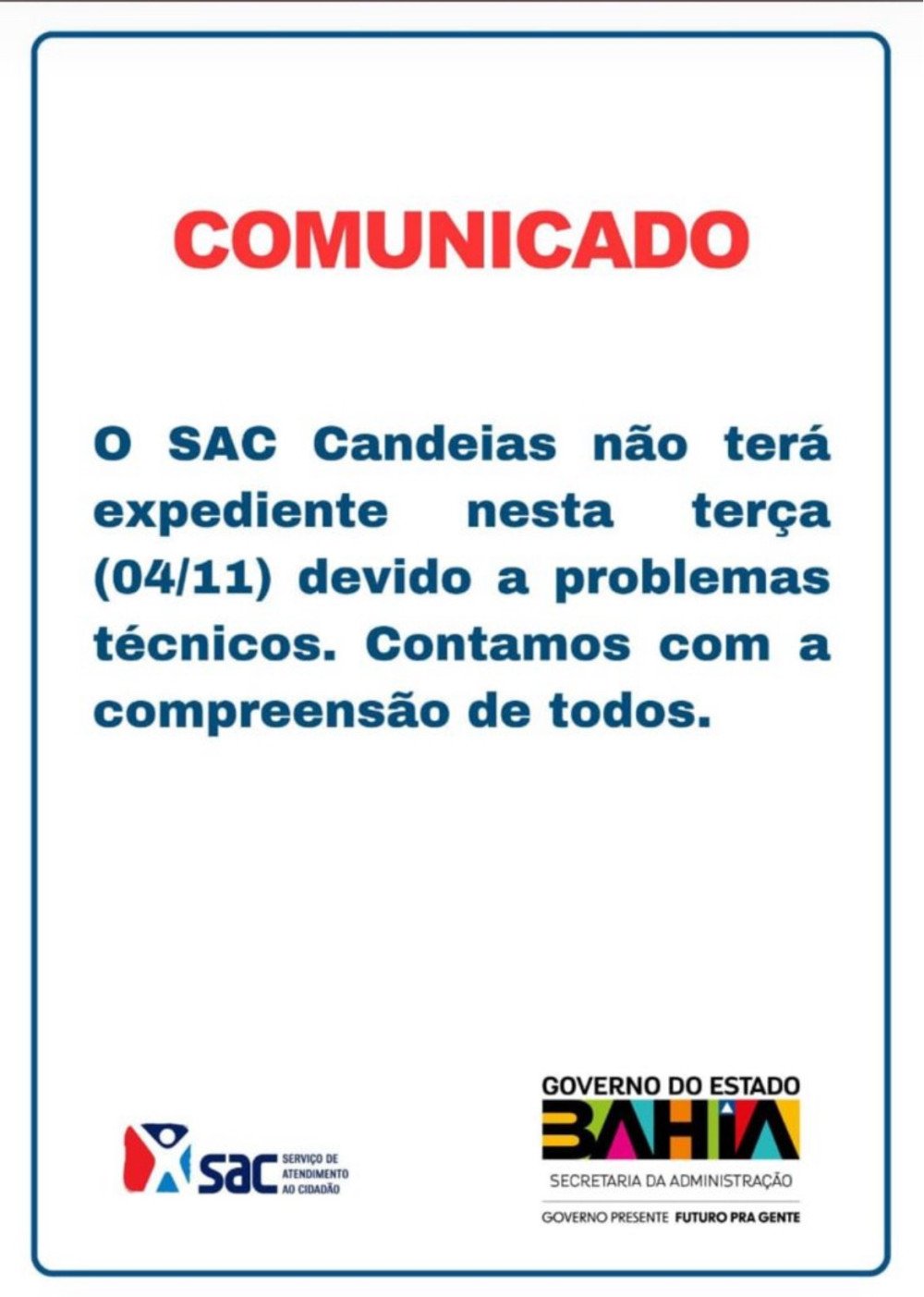 SAC de Candeias suspende atendimento nesta terça-feira (4) por problemas técnicos