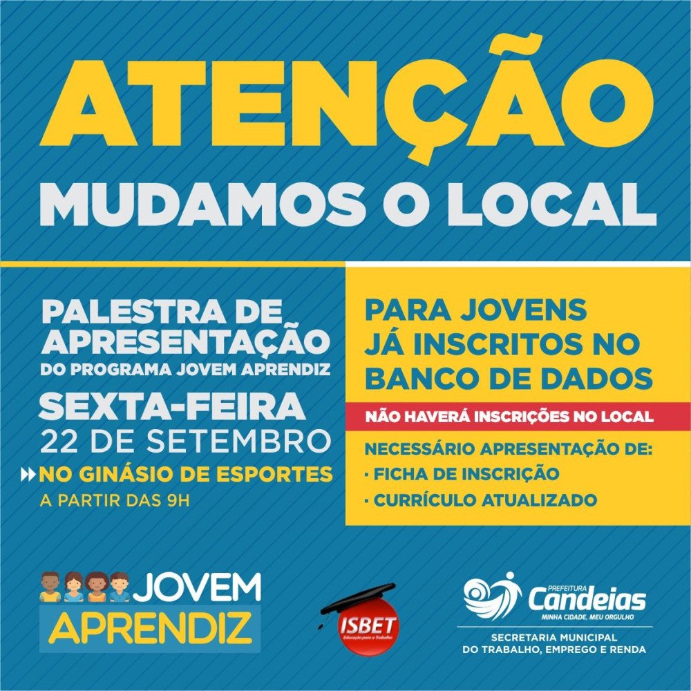 Palestra de apresentação do programa Jovem Aprendiz, acontece no ginásio de Candeias nesta sexta as 9h da manhã