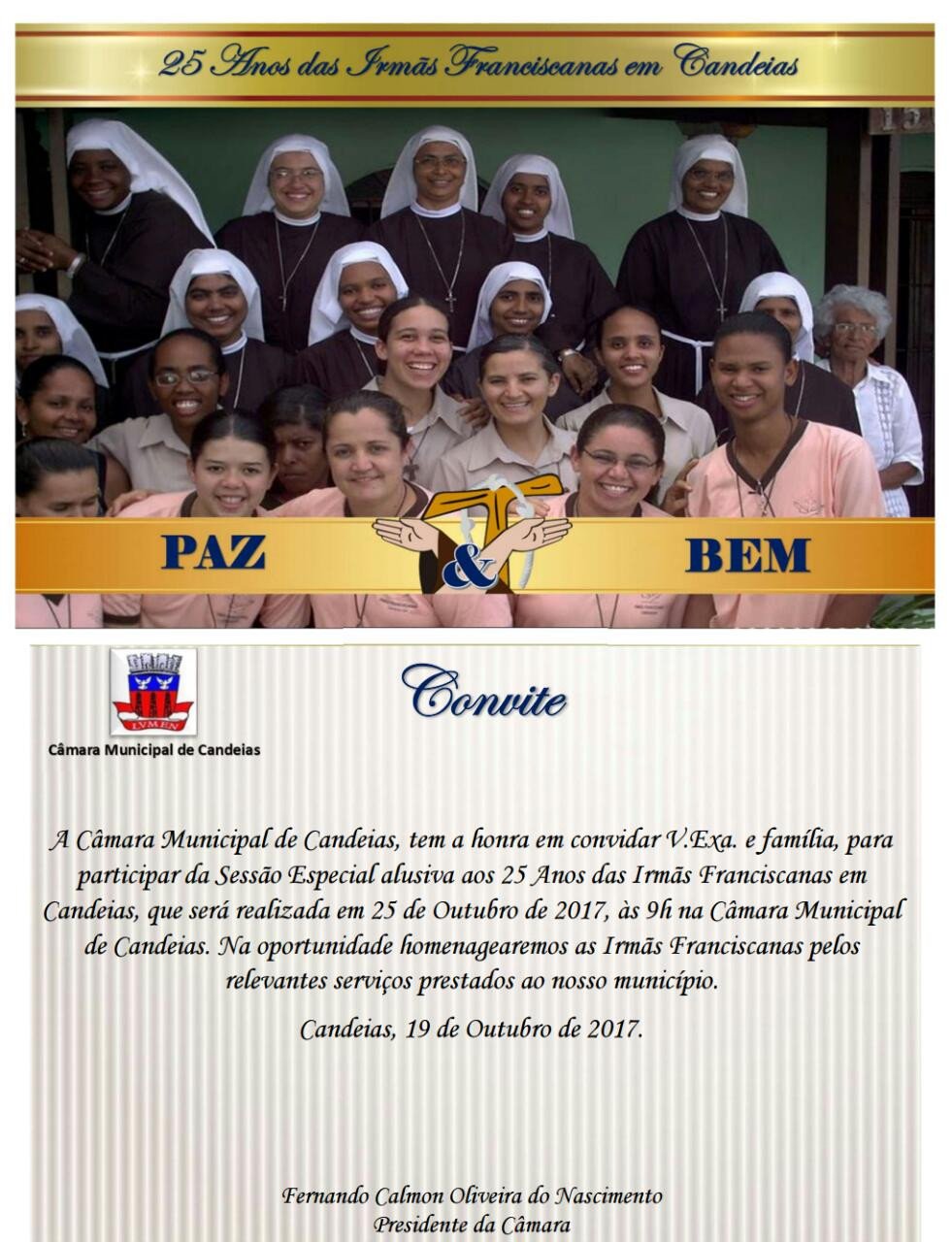 Câmara Realiza nesta quarta (25), sessão especial em homenagem aos 25 anos de chegada das Irmãs Franciscanas no Brasil e Candeias