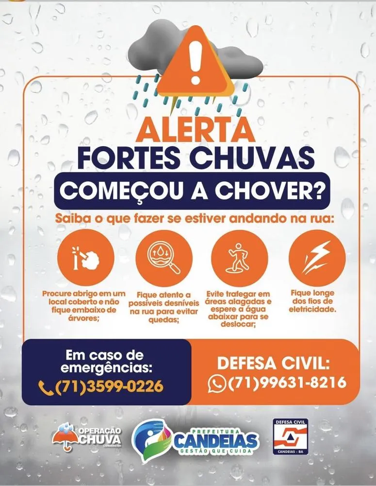 Candeias entra em Alerta por Fortes Chuvas; Defesa Civil orienta moradores