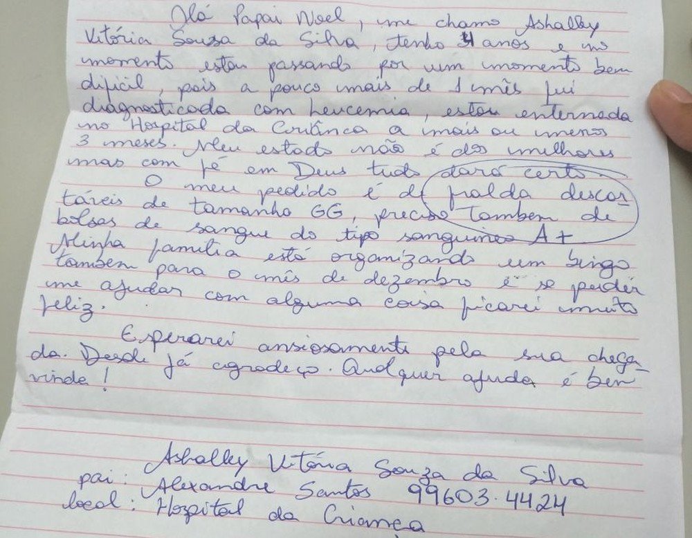 Menina de 4 anos com leucemia faz cartinha emocionante para o Papai Noel no AC: ‘preciso de bolsas de sangue do tipo A+