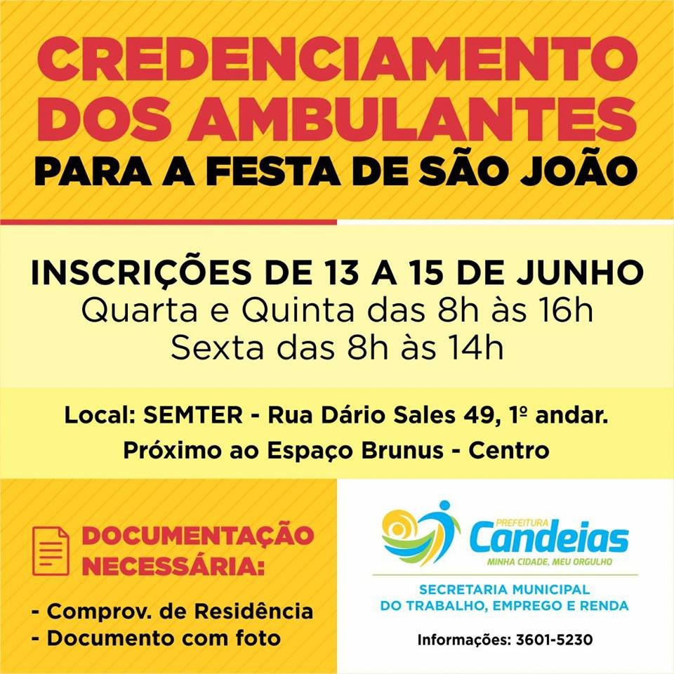 Prefeitura de Candeias cadastra ambulantes que desejam trabalhar no Forró do Aconchego a partir desta quarta (13)