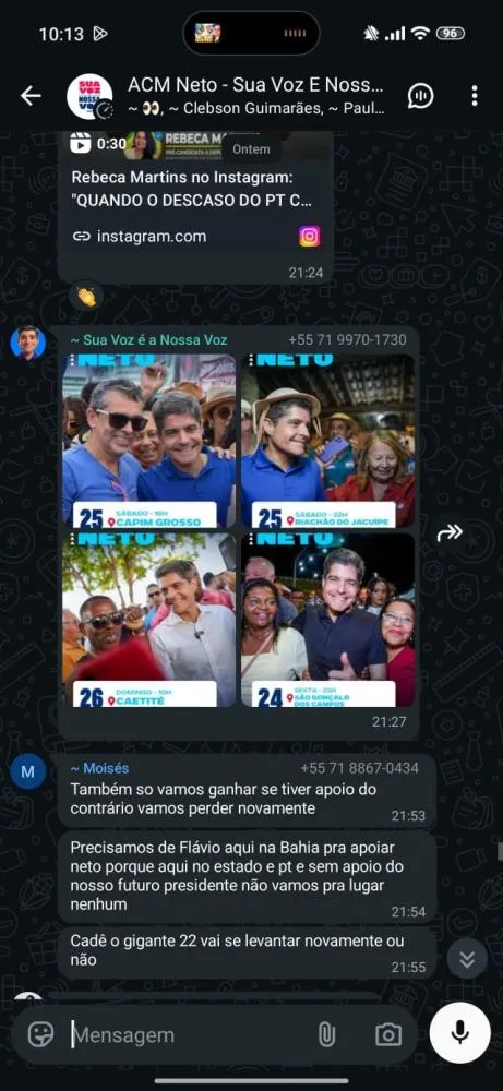 Grupo oficial de ACM Neto divulga Flávio Bolsonaro e cobra apoio do “capitão”