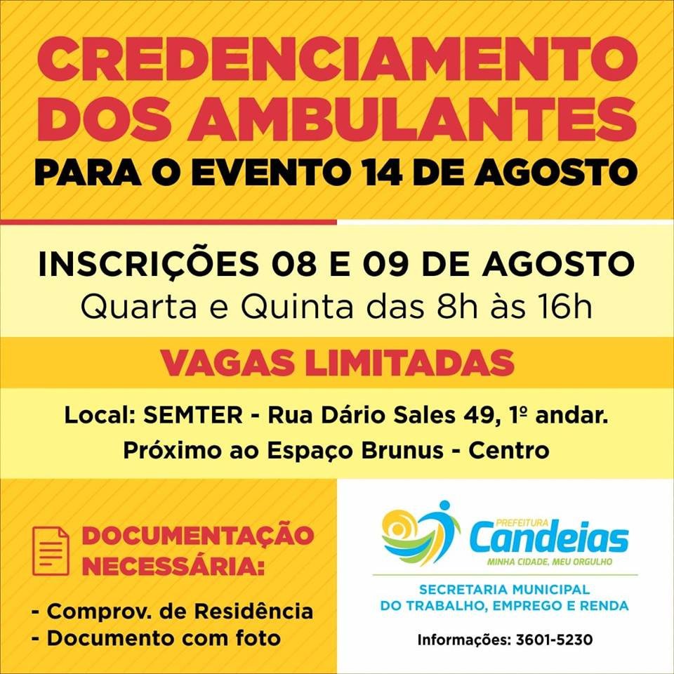 Acontece nos dias 08 e 09, o cadastro dos ambulantes que desejam trabalhar na festa de aniversário de Candeias.