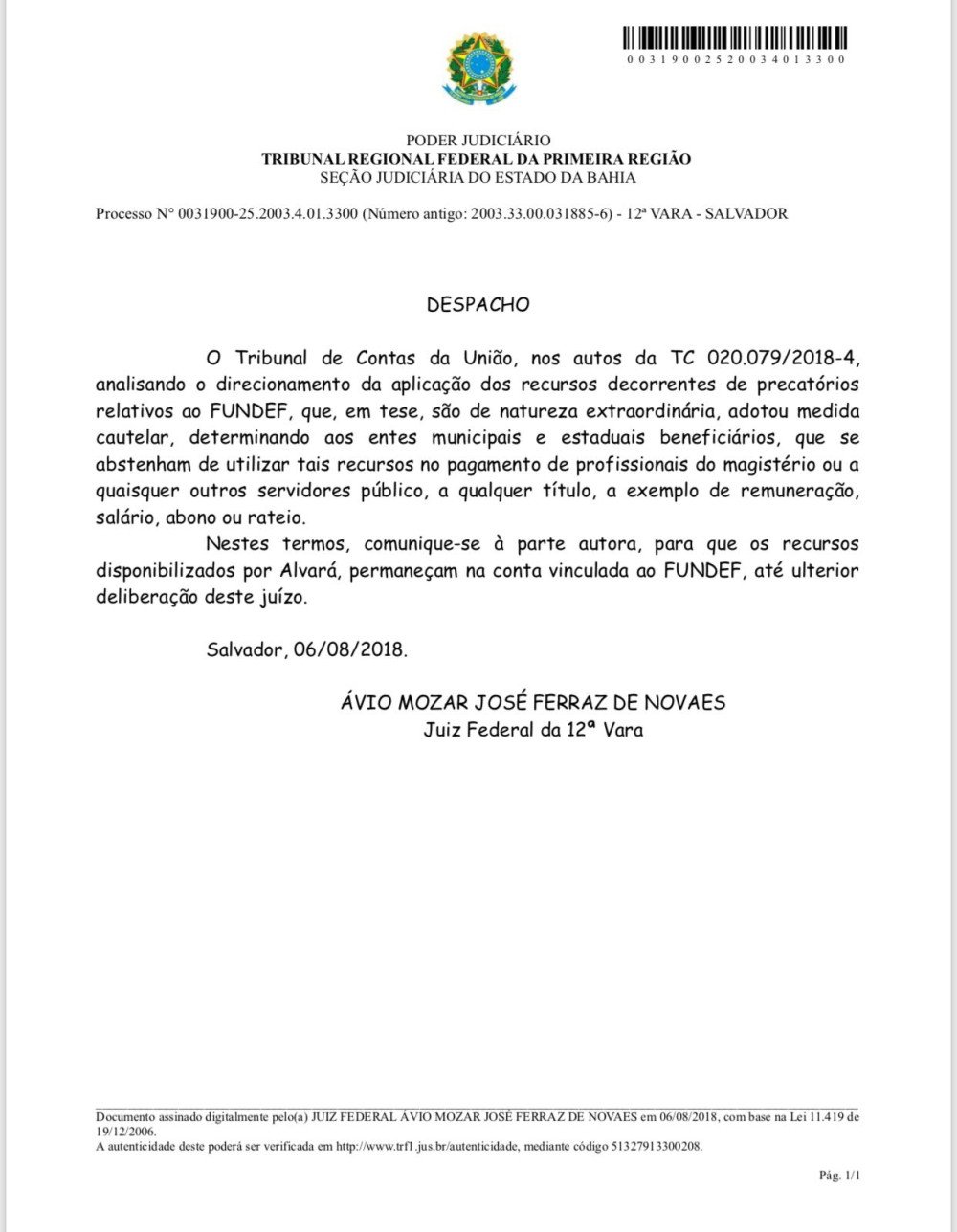 Candeias: Decisão liminar do TCU proíbe município de utilizar recursos de precatórios no pagamento de professores