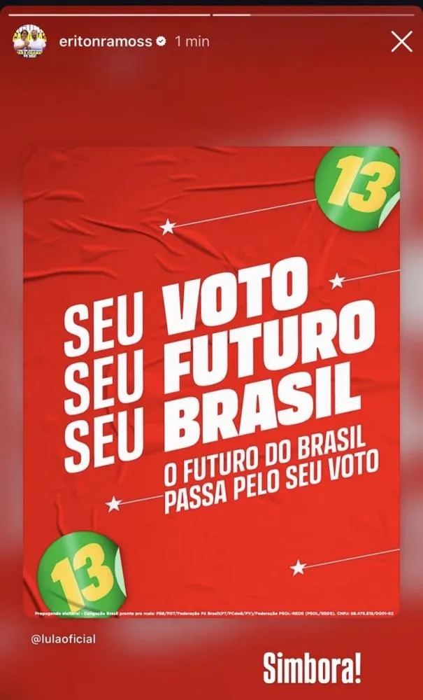 Prefeito de Candeias, Eriton Ramos, compartilha publicação em apoio a Lula e à soberania brasileira