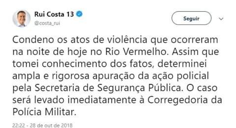 Rui determina 'apuração rigorosa' sobre agressão de PMs a militantes no Rio Vermelho