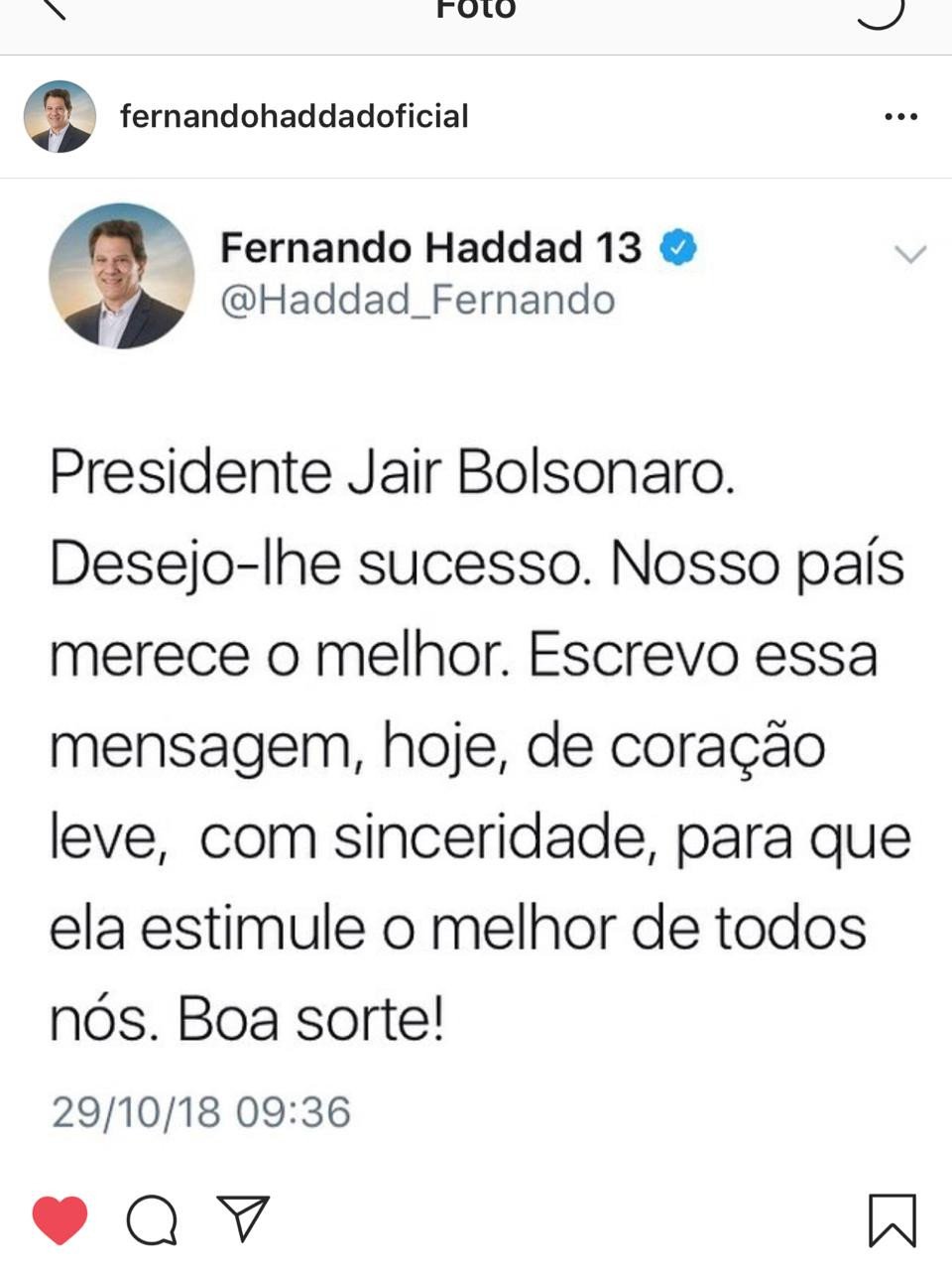 Haddad deseja sucesso e boa sorte a Bolsonaro, pelo Twitter