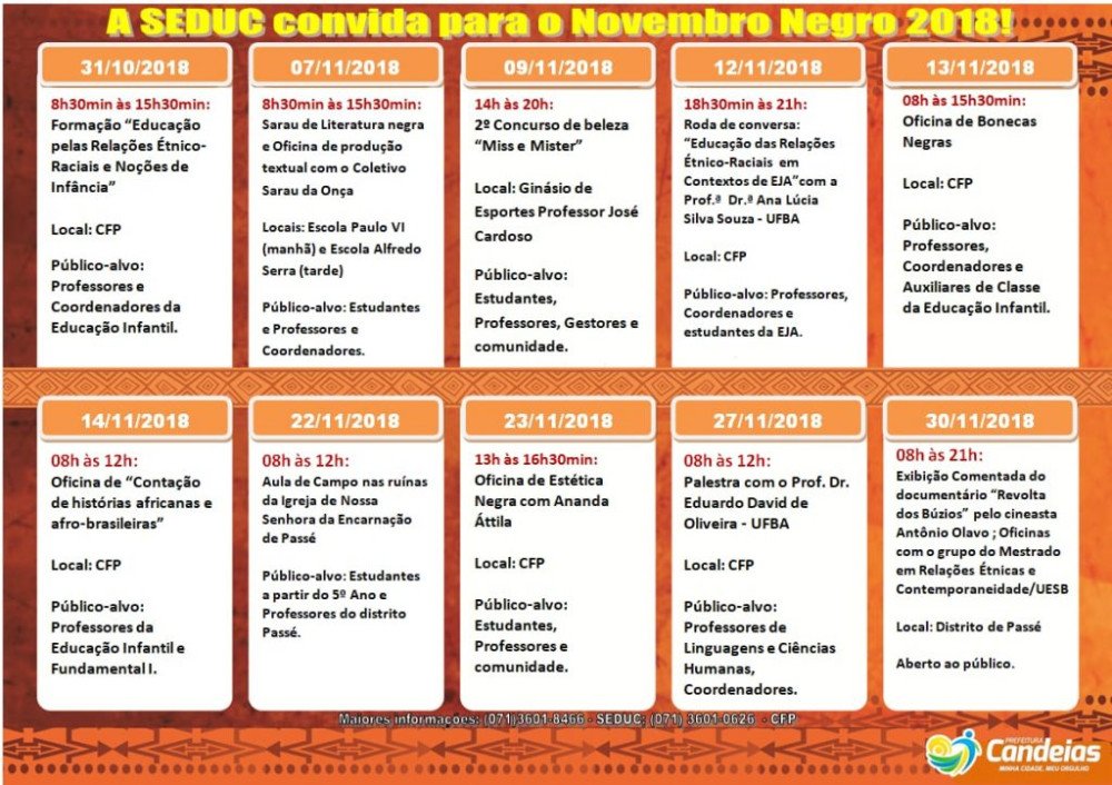 Prefeitura de Candeias divulga programação do Novembro Negro para cidade