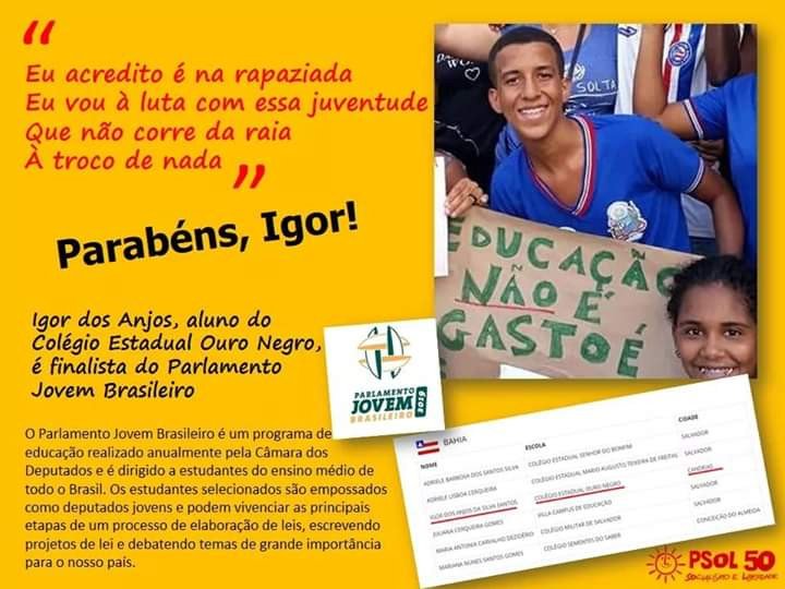 Igor dos Santos é o primeiro candeense selecionado para compor o Parlamento Jovem Brasileiro