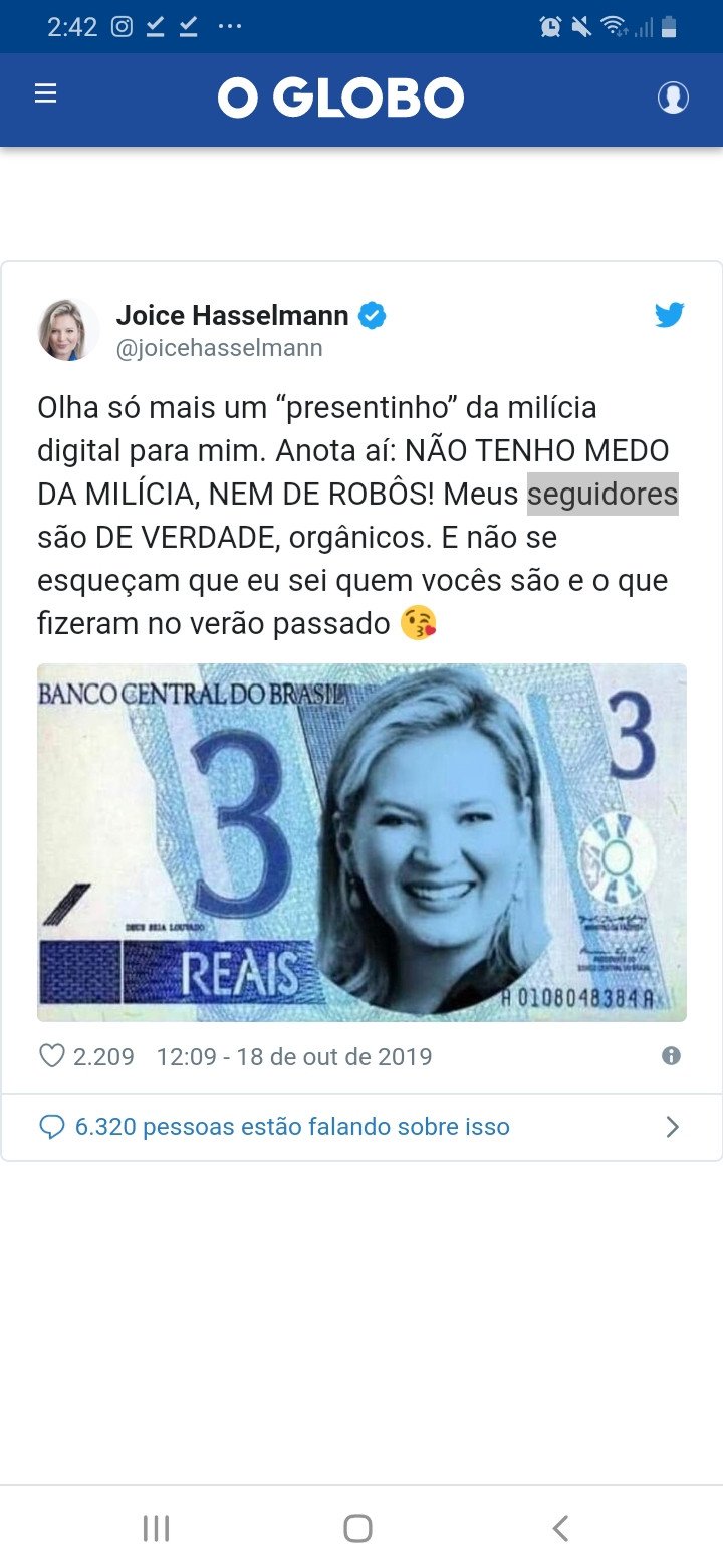 Eduardo Bolsonaro compara Joice Hasselmann com nota de R$ 3