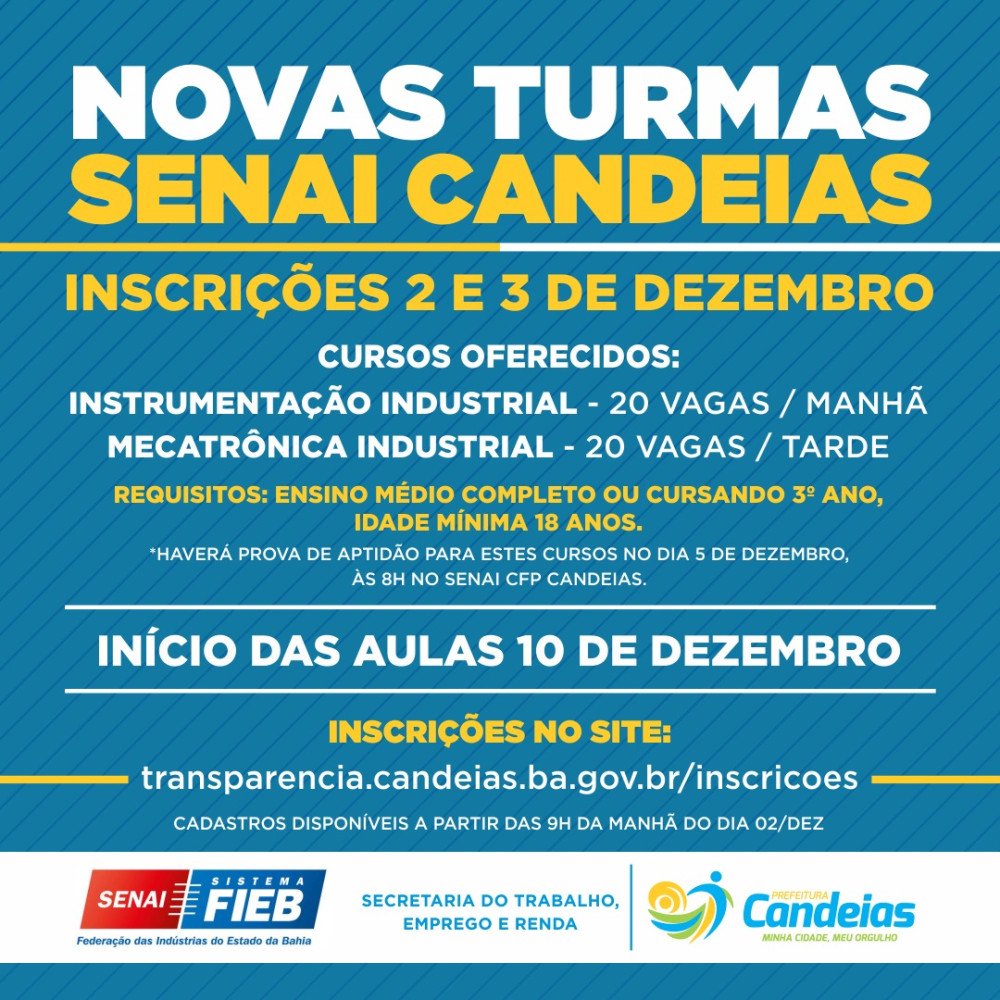 Candeias: Prefeitura abre hoje inscrições para novas turmas do Senai
