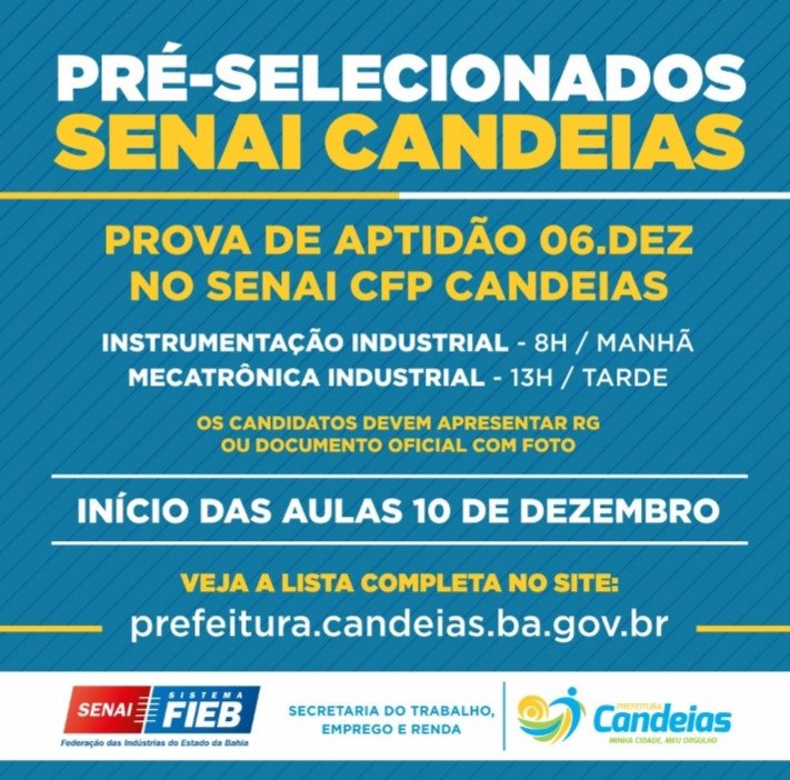 Candeias: Prefeitura divulga lista dos pré-selecionados para prova dos cursos de instrumentação e mecatrônica