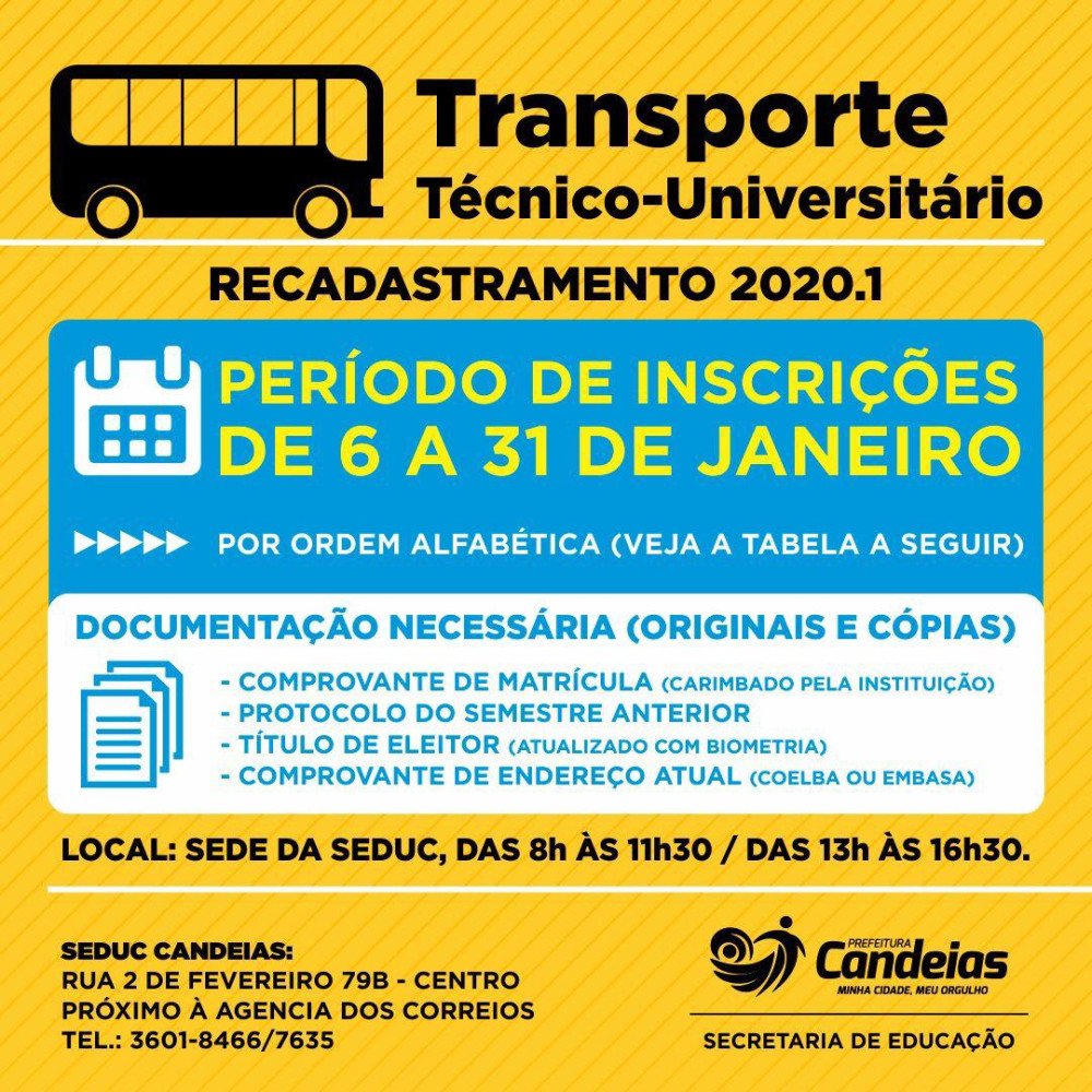 CANDEIAS: TRANSPORTE UNIVERSITÁRIO INICIA HOJE O RECADASTRAMENTO; VEJA O CALENDÁRIO