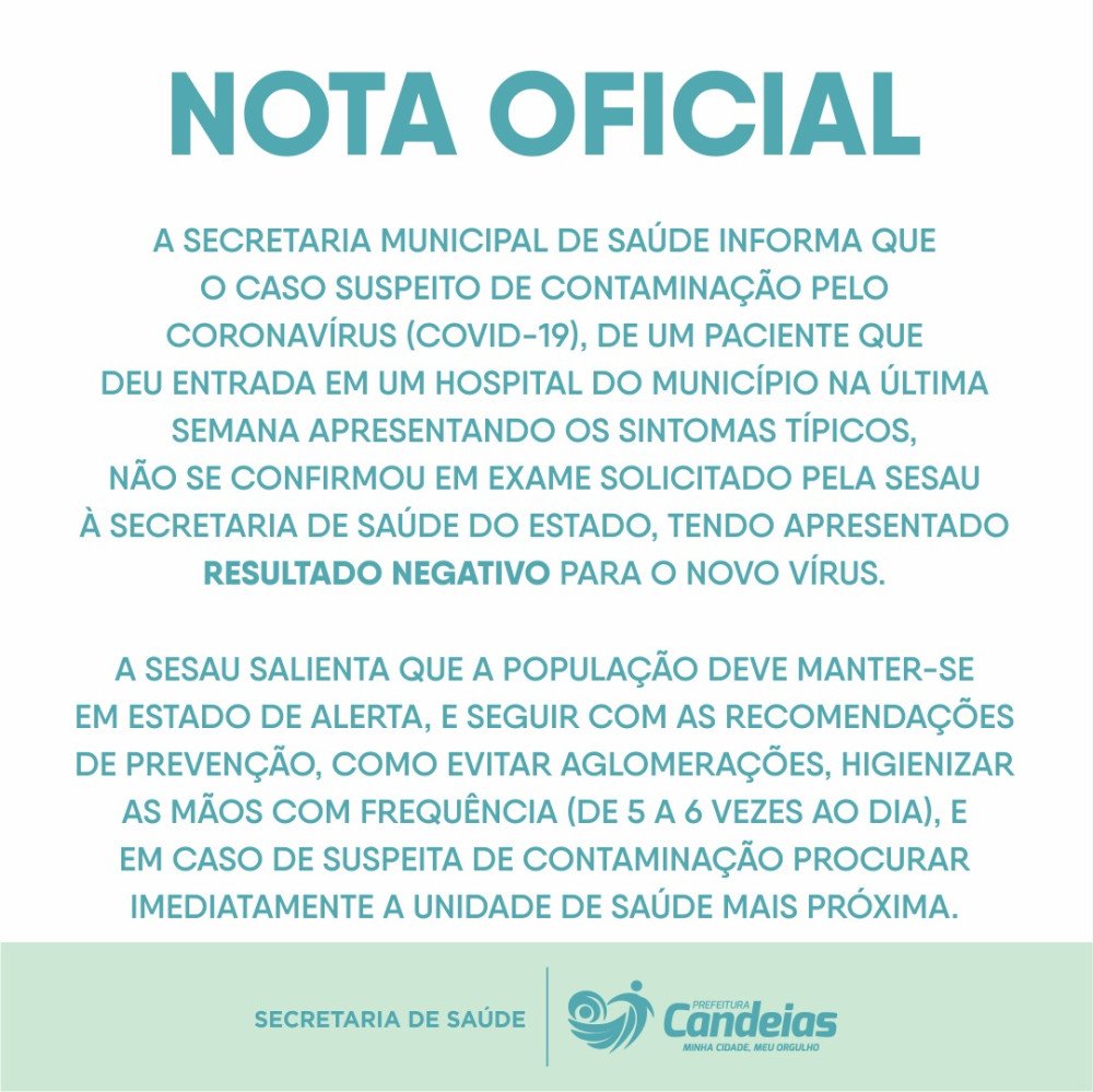 CANDEIAS: RESULTADO NEGATIVO PARA O CASO SUSPEITO DE COVID-19 EM CANDEIAS
