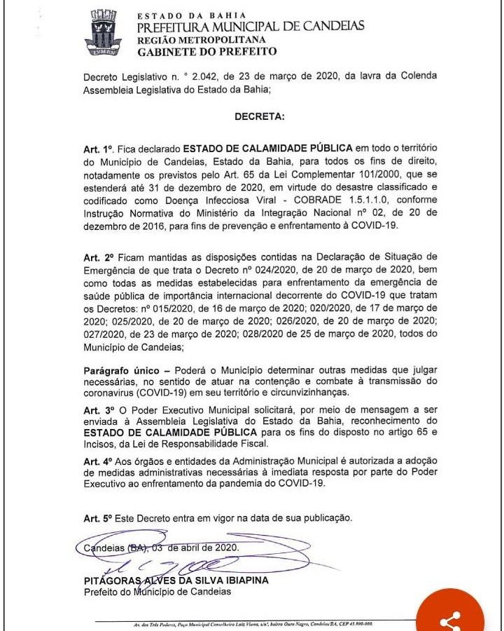 Prefeitura de Candeias decreta estado de calamidade pública e solicita reconhecimento da Assembléia legislativa.