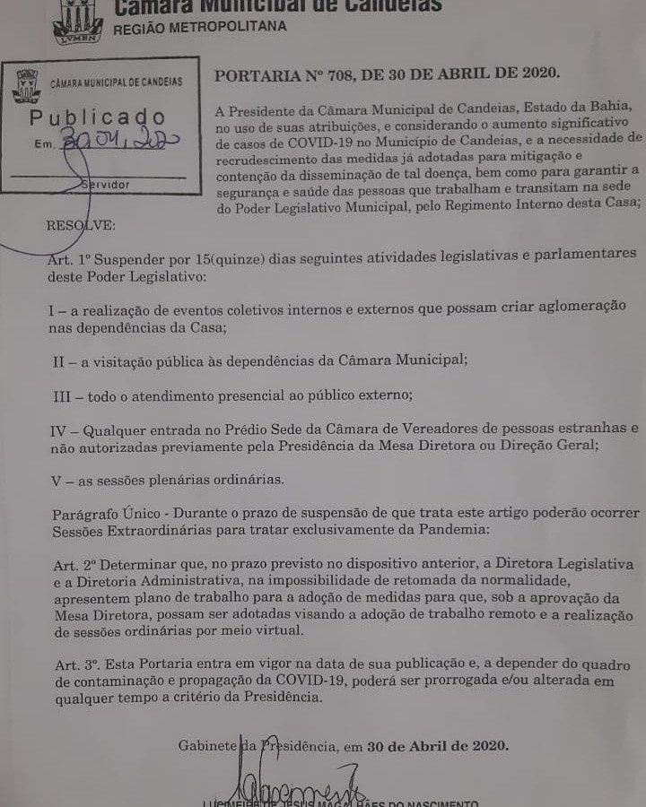 Por 15 dias Câmara de Candeias suspende novamente sessões legislativas