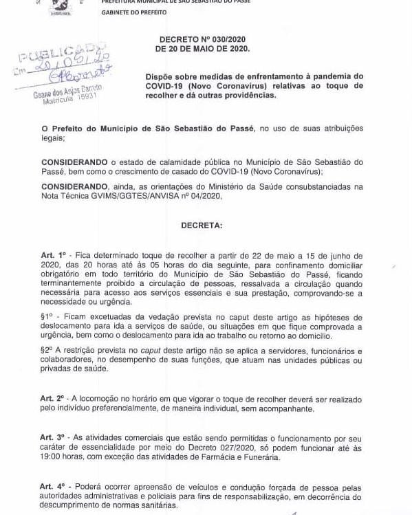 Prefeitura de São Sebastião do Passé decreta Toque de recolher a partir de sexta-feira!