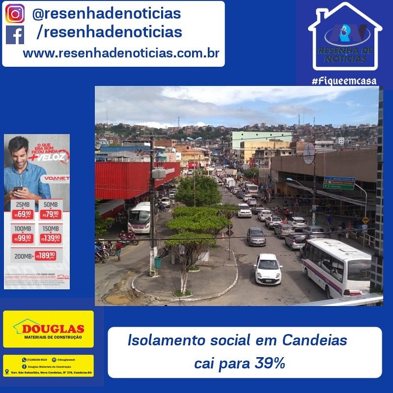Isolamento social em Candeias cai para 39%