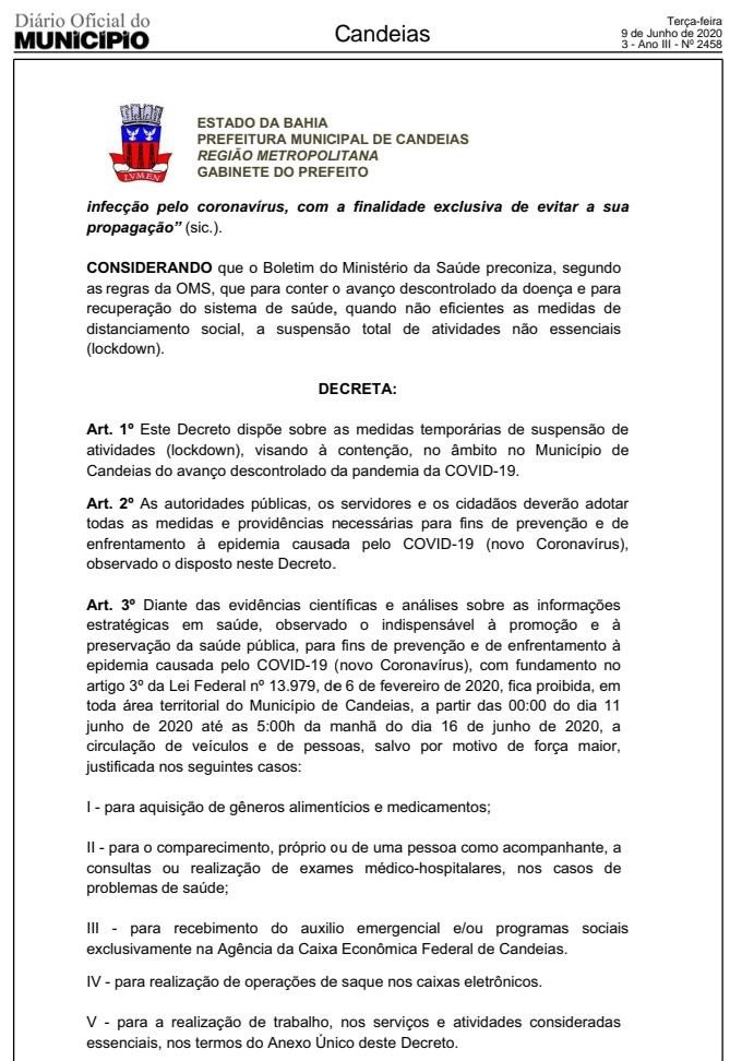 Com previsão de multa de R$ 250; Prefeitura de Candeias divulga decreto com detalhes do lockdown