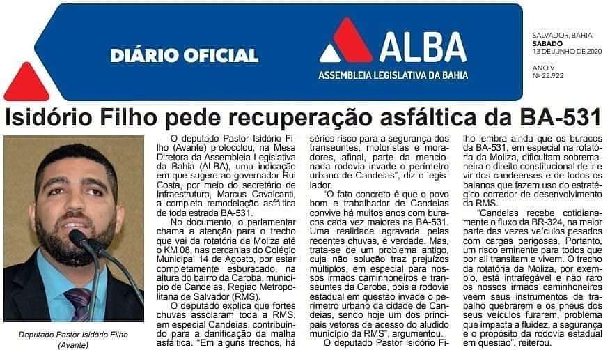 Deputado Isidório Filho indica ao governo recuperação da BA-531 em Candeias
