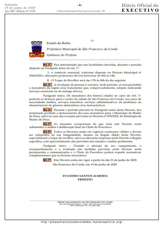Prefeitura de São Francisco do Conde decreta novas medidas do Toque de Recolher na região do Caípe