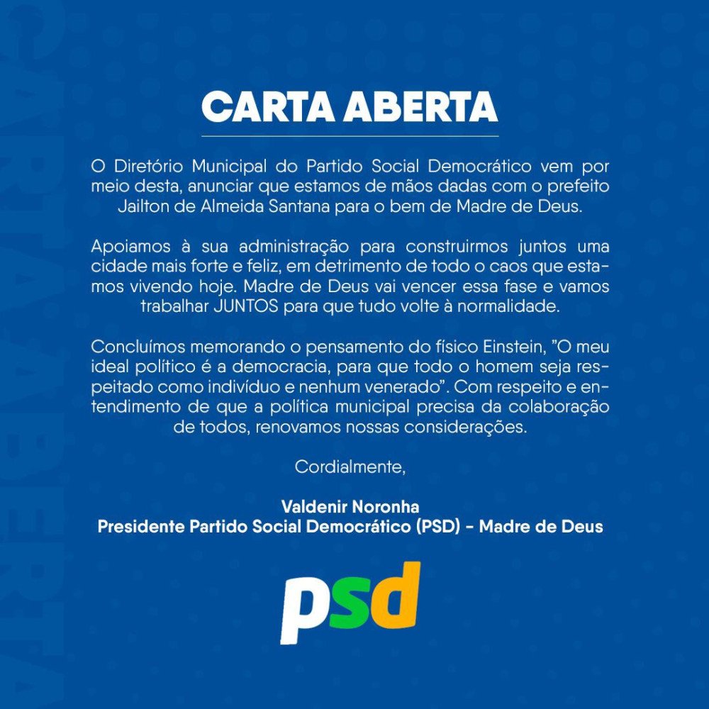 PSD de Madre de Deus emite Carta Aberta em apoio à Jailton nas eleições municipais
