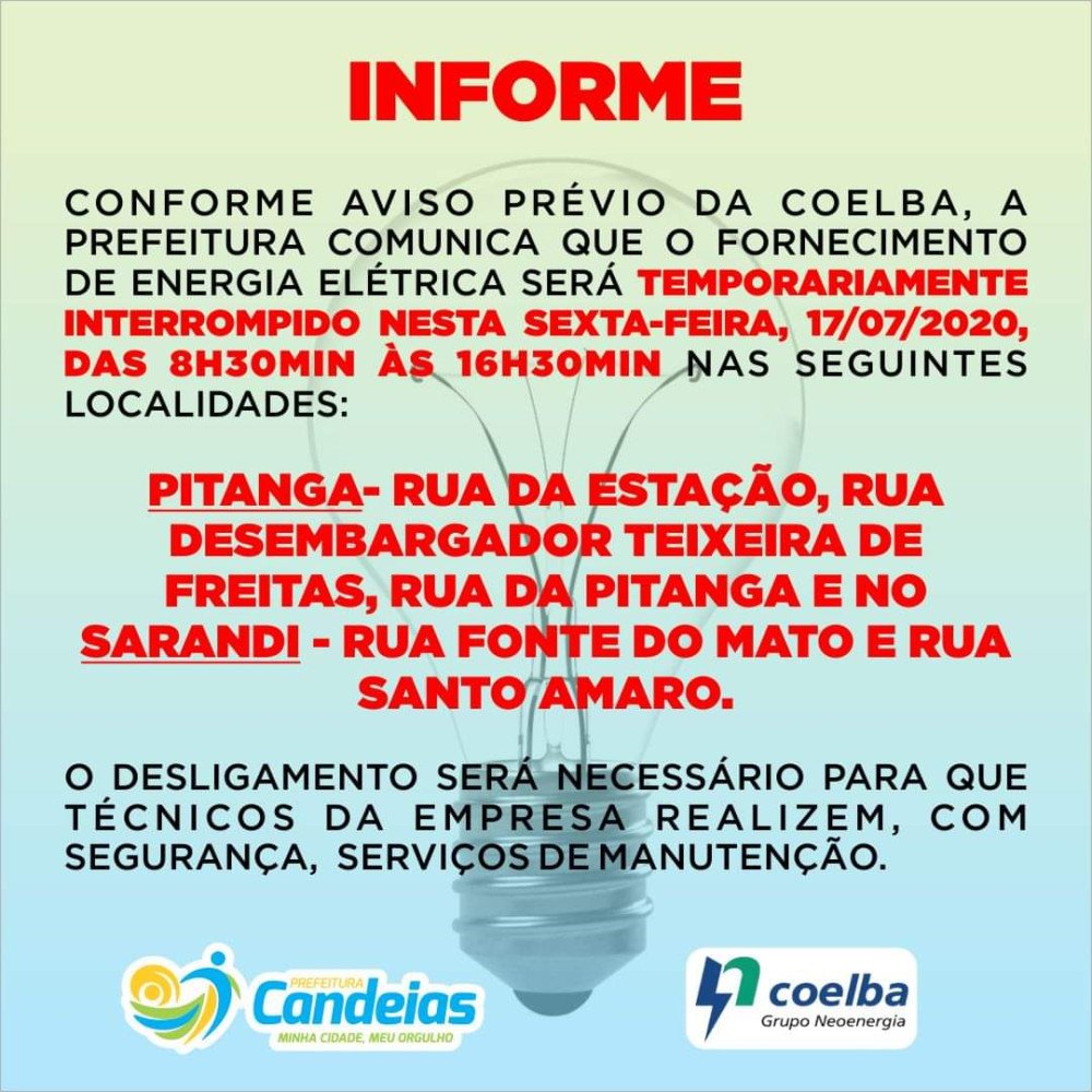 Candeias: Coelba fará desligamento programado nesta sexta-feira