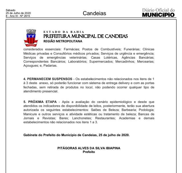 Com funcionamento de segunda a sábado e das 8h às 18h, prefeitura de Candeias divulga decreto com as diretrizes da reabertura do comércio na cidade