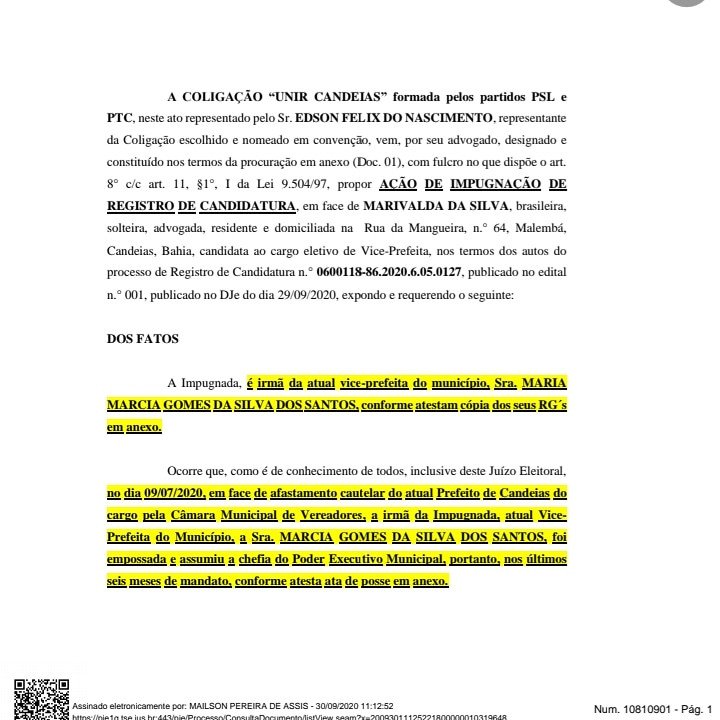 Eleições 2020: Chapa do PSL pede impugnação de Marivalda da Silva.