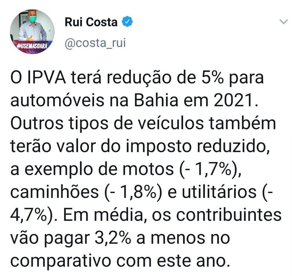 Rui Costa anuncia redução de até 5% no IPVA em 2021
