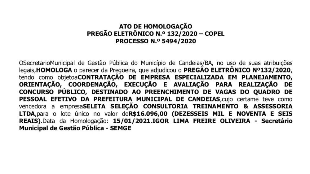 Prefeitura de Candeias homóloga empresa para realização de concurso público