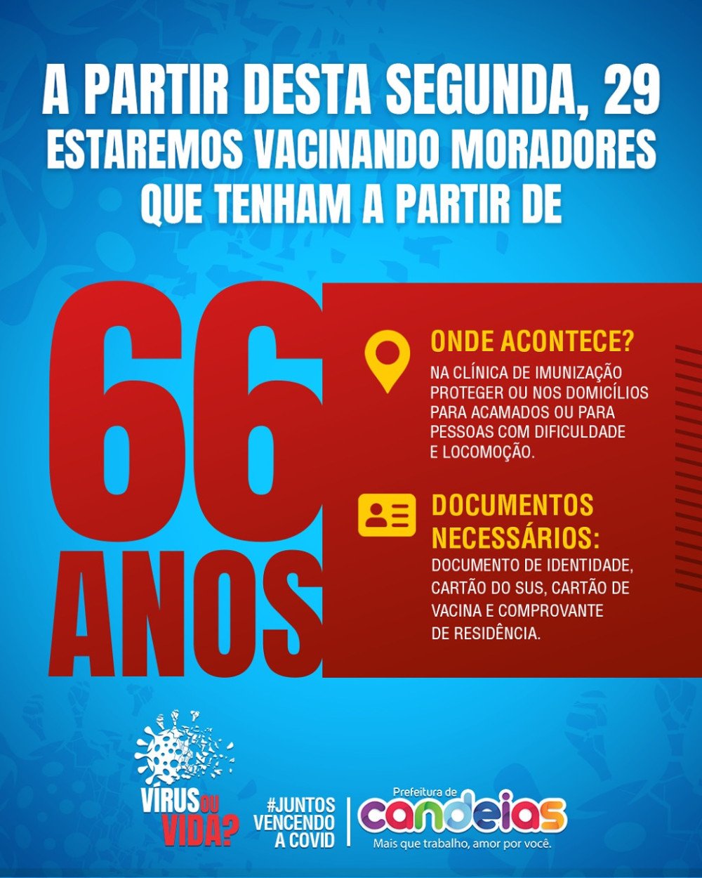 Segunda-feira, 29, começa a vacinação de idosos com 66 anos em Candeias.