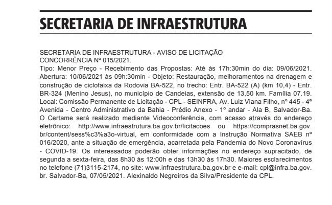 Publicado no Diário Oficial deste sábado (8) a licitação para recuperação da BA-522, da BR-324 até Candeias.