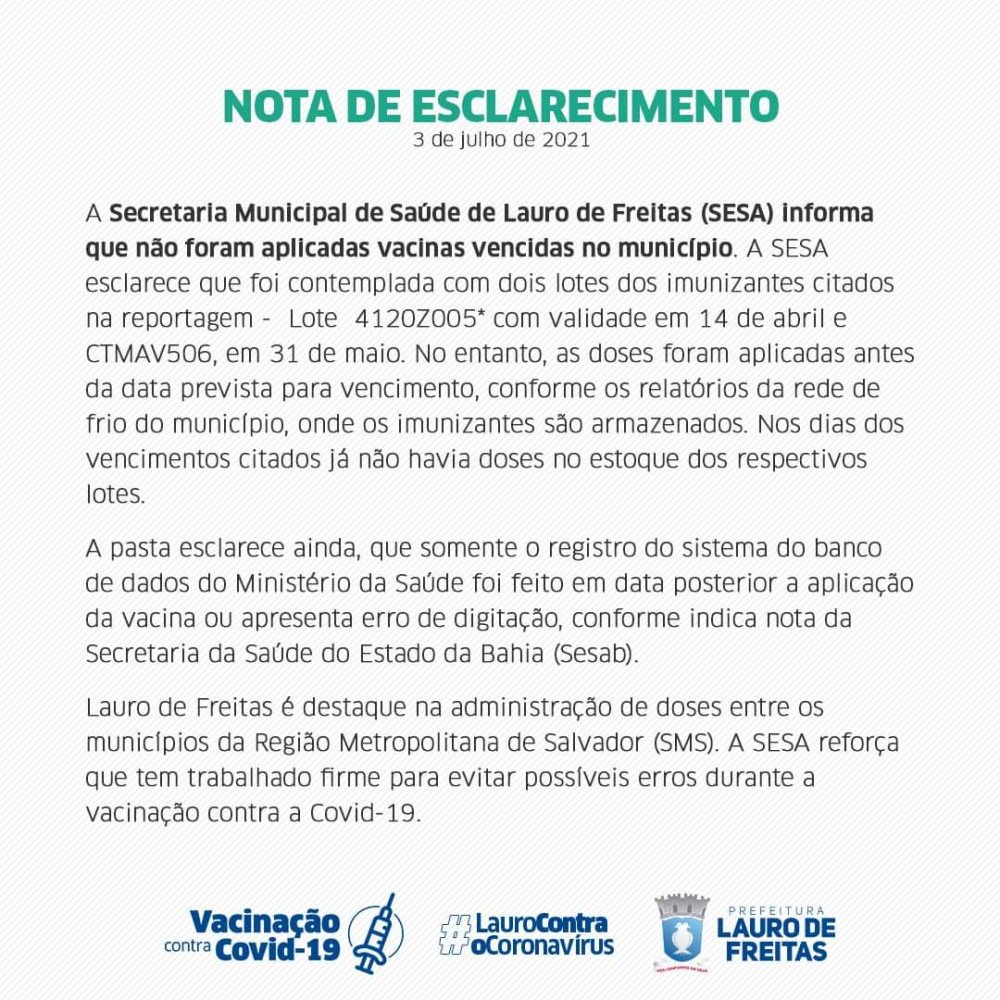 Prefeitura de Lauro de Freitas emite nota desmentindo que aplicou doses de vacinas vencidas apontadas em matéria de jornal