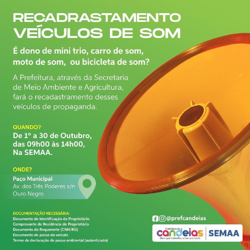 Proprietários de Veículos de Som devem fazer o recadastramento na Semaa