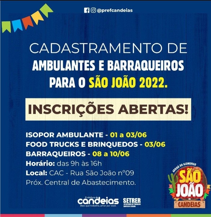 Candeias: Prefeitura divulga credenciamento de ambulantes para o São João